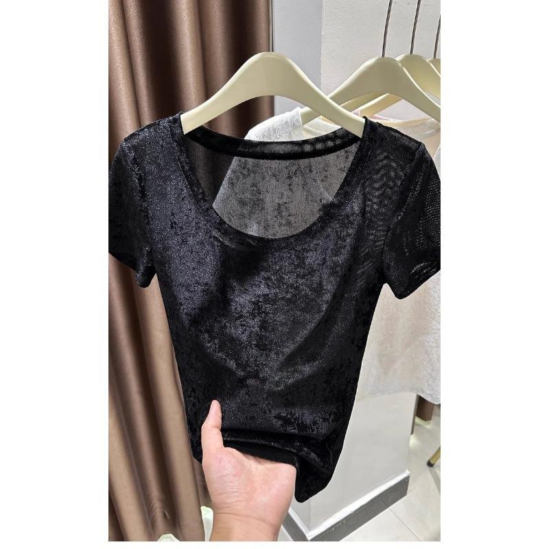 Summer Women Round Neck Textured Sheer Slim White Short Sleeve Top