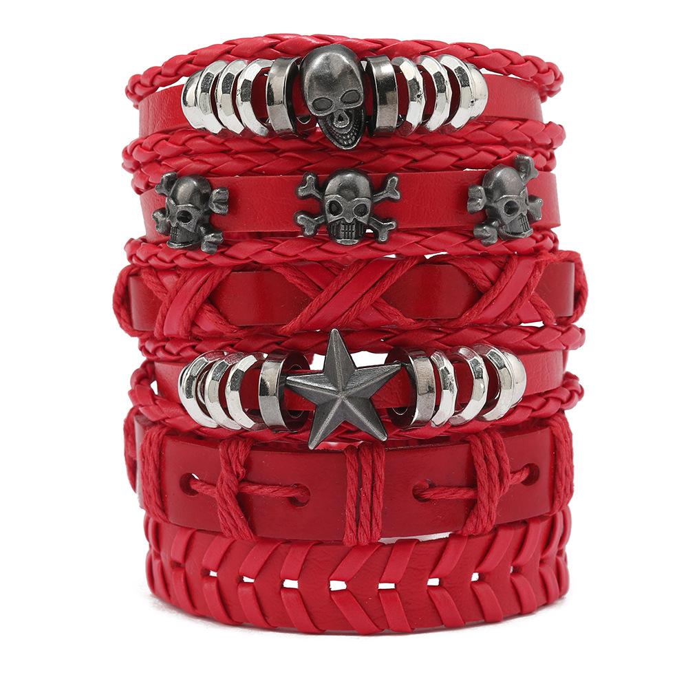 Men's Punk Skull Leather Bracelet Set Multi-Layer Gothic Rock Chain Bracelets Pentagram Charm Hip Hop Streetwear Badge Jewelry Accessories for Him