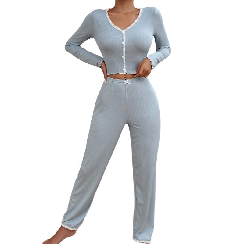 Women's Pajamas Homewear Set Under Sexy Lingerie Pajamas Long-Sleeved Trousers Slim Sexy Lace Double-Length Pajamas Homewear