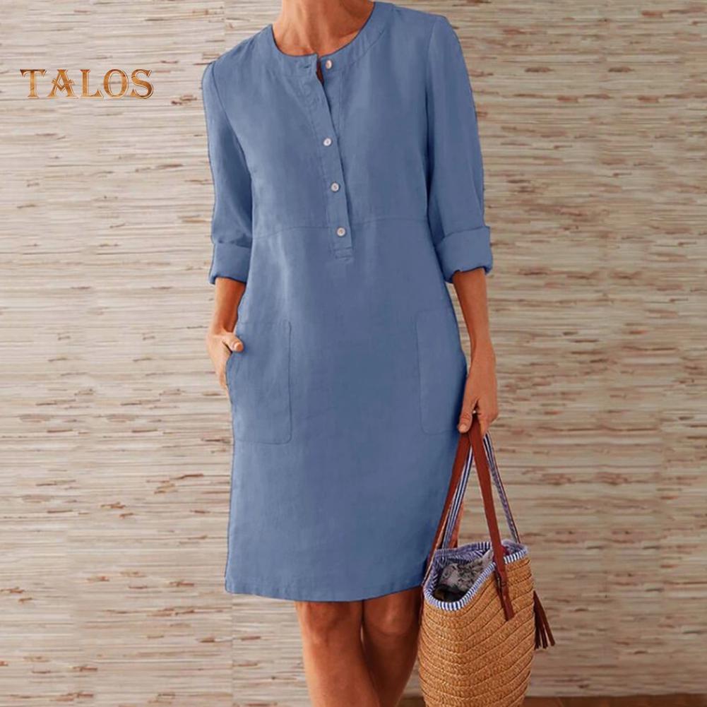 Hi Cutie Women Clothing Loose Solid Color Buttons Cotton Linen Long Sleeve Midi Dress