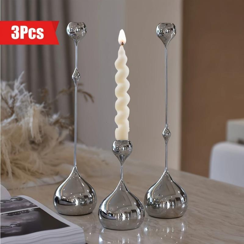 3Pcs Silver Candle Holder, Metal Candlestick Romantic Art Table Decoration For Home Dining , Wedding Photography Props