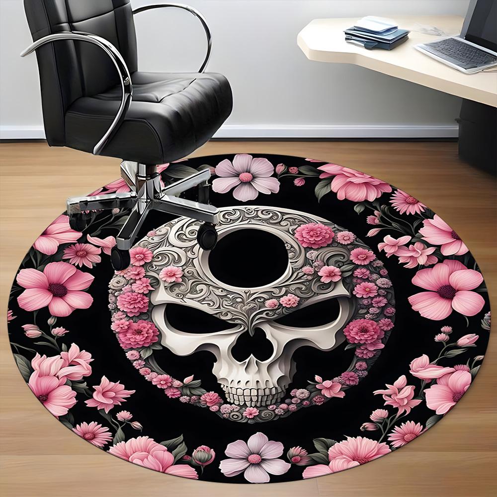 1pc Skull Flowers Office Round Area Rug, Indoor Mat Suitable For Office, Under Office Chairs Bedroom Living Room Home Decor, Room Deco