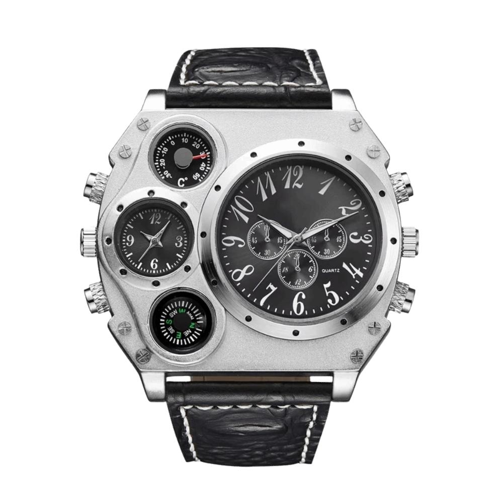 Large Dial Dual Time Zone Watch PU Leather Strap Men's Watch Top Brand Sport Wristwatch Men