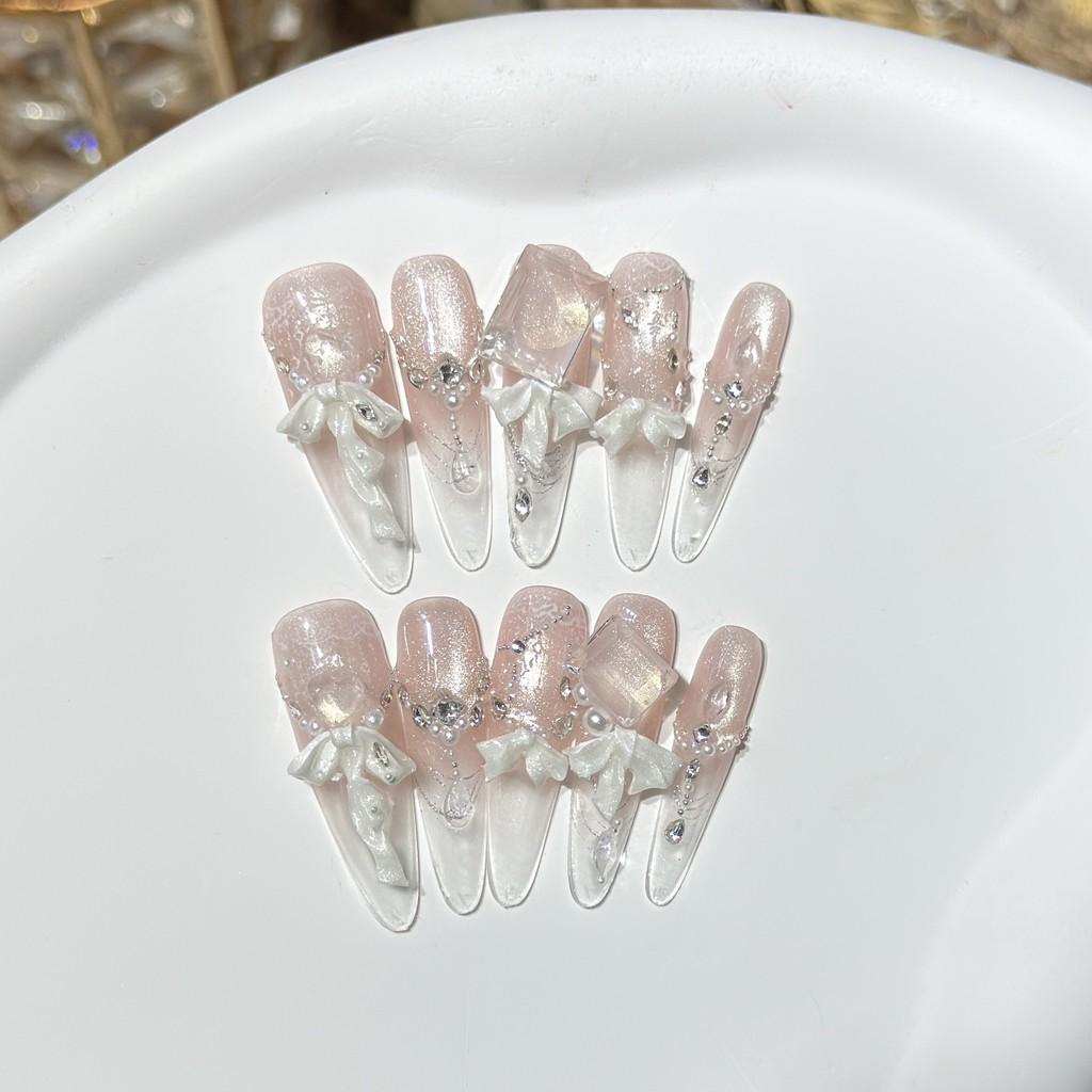 Handmade Press On Nail French Sweet Sparkling Nude Pink Gradation Cat Eye 3D Diamond Bow Long Stiletto Fake Nail Patch Artificial Nail Reusable XS