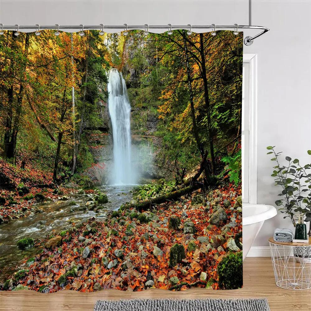 Beautiful Autumn Landscape Shower Curtain Forest Lake Fire Red Golden Leaves Nature Landscape Fabric Bath Curtain Bathroom Decor