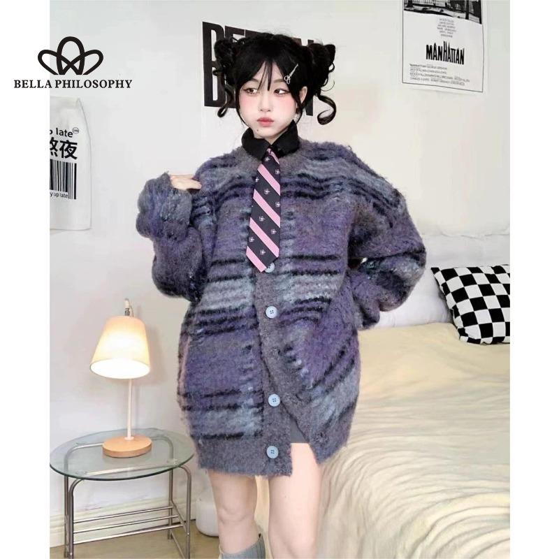 

Осенний новый американский свободный шикарный вязаный свитер в стиле ретро, ​​женский высококачественный повседневный свитер из мохера, кардиган onesize фиолетовый