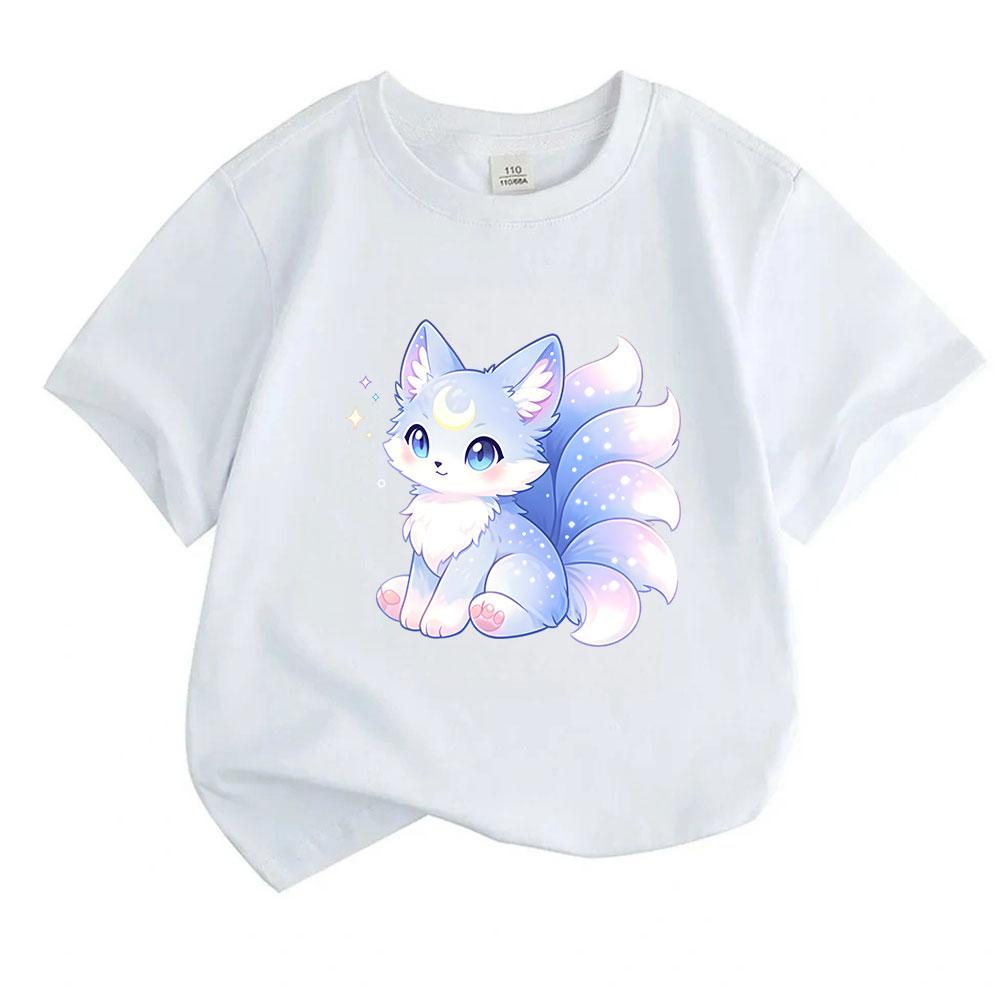 Kids Boys Girls 100% Cotton Crew Neck Short Sleeve T-Shirt, Cute Glowing Crescent Moon Star Fox Print Soft Casual Tee for Children Daily Wear