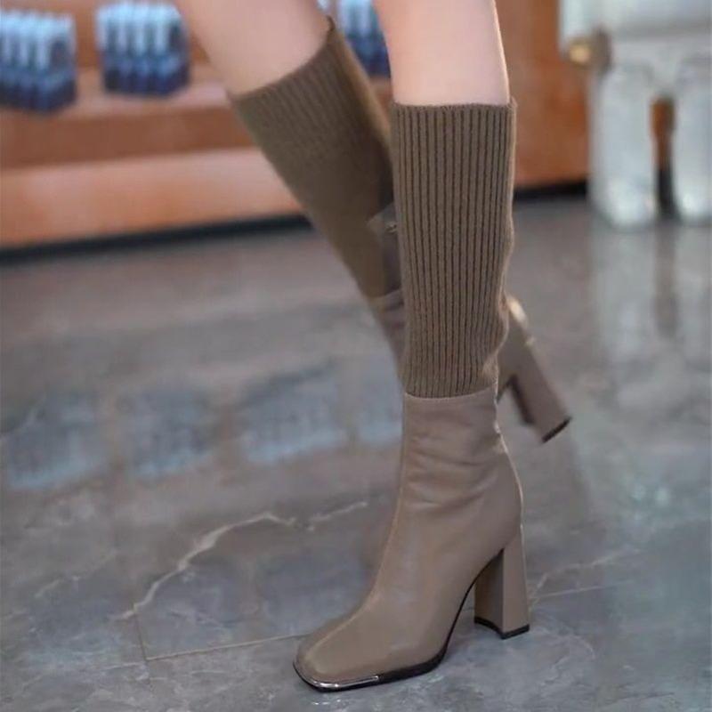 Fashion Women High Boots Fashion High Heels Shoes Brand Chunky Sock Boots Designer 2025 Winter New Square Toe Heeled Shoes Sexy Pumps