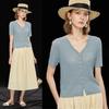 Mistway V-Ausschnitt Strick-T-Shirt aus Tencel-Leinen-Mischung