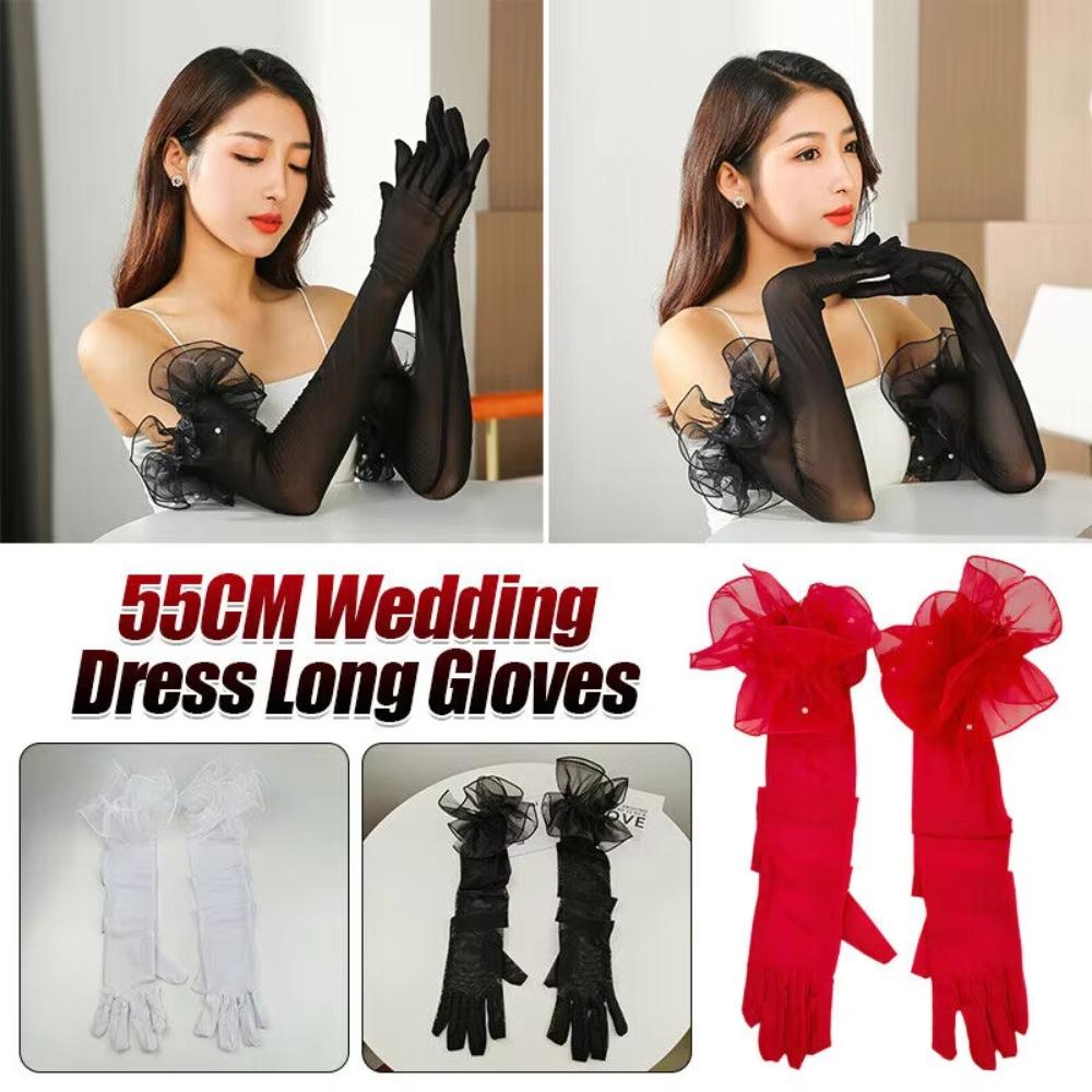 Wedding Dress Solid Lace Sleeves Gloves Elastic Bridal Mesh Gloves Women Long Mittens  Christmas