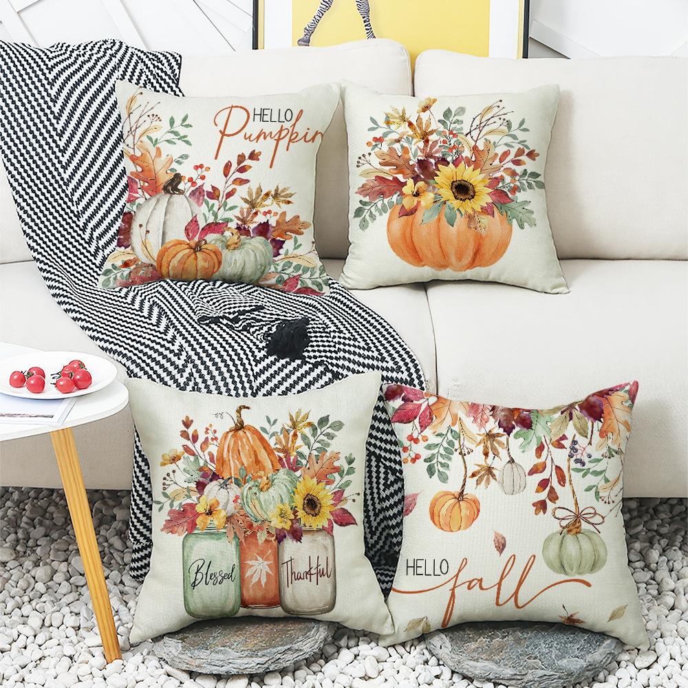Thanksgiving Pumpkin Flower Elements Illustration Style Letter Print Home Festive Atmosphere Sofa Decoration Pillow Cover