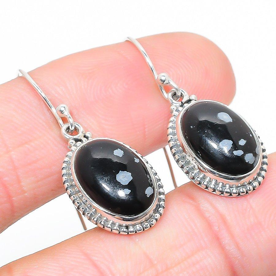 Natural Snowflake Obsidian Gemstone 925 Solid Sterling Silver Earring 1.25" D0l00