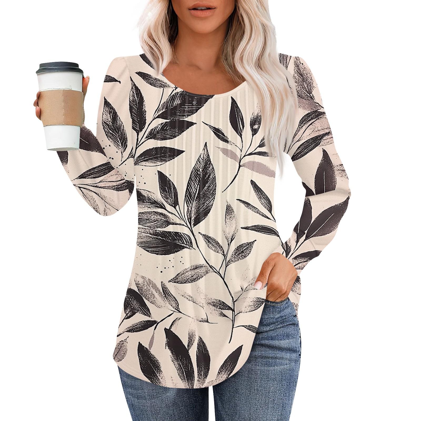 

Женская модная повседневная плиссированная футболка с круглым вырезом, винтажным цветочным принтом и длинным рукавом XXL хаки