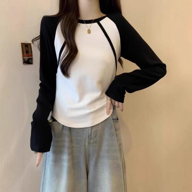 Wiosna Jesień Okrągły Dekolt Patchworkowy Dół T-shirt Kobiety Długi Rękaw Casual Moda Pulower Bawełniany T-shirt Top