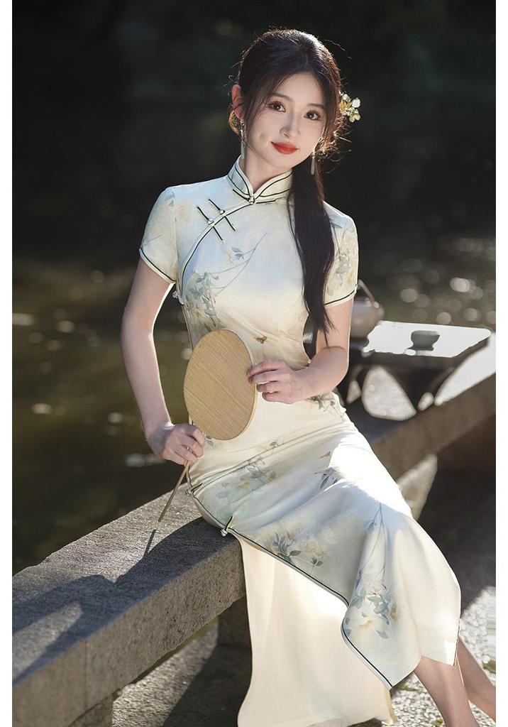 2026 New Chinese Style Silk Cheongsam: Summer-Autumn Retro Long Dress, Slim Fit, Double Layer for Banquets & Performances