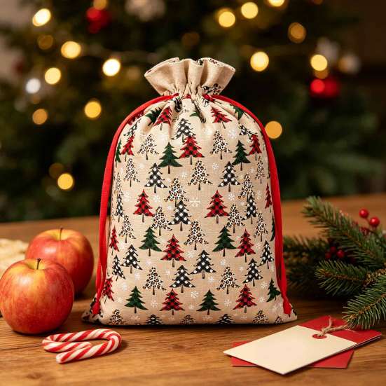 Gift Wrapping Supplies Christmas Tree Print Drawstring Bags, Faux Linen Xmas Treat Bag, Reusable Holiday Bags Candy & Apple Storage Pouch for