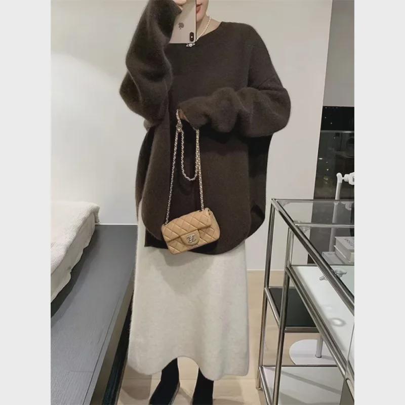 Women's Mid-Length Retro Japanese-Style Knitted Pullover Sweater for Autumn and Winter