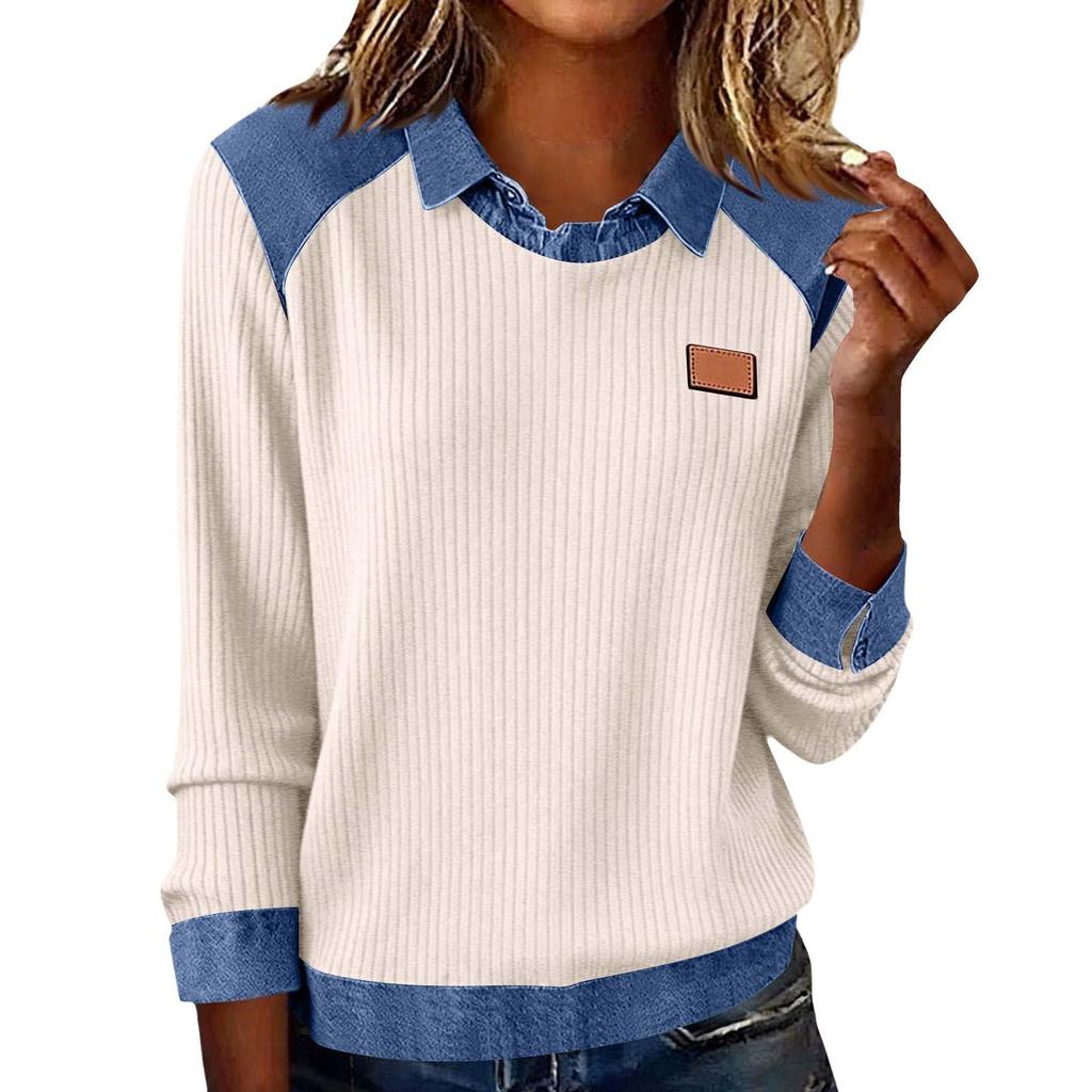 Women's Fashion Oversized Denim Collar Long-Sleeve Pullover Patchwork Knit Top