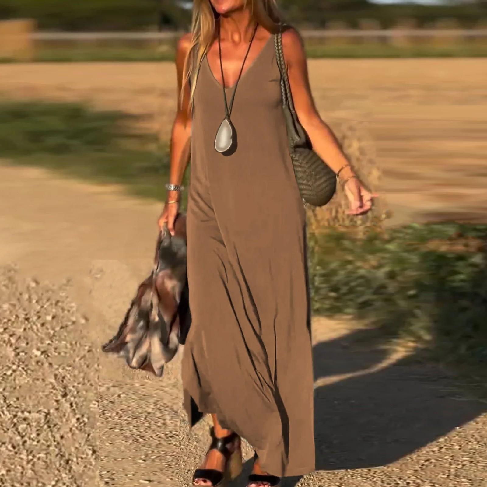 

Женские модные платья без рукавов на бретелях с V-образным вырезом, повседневные длинные XXL верблюд