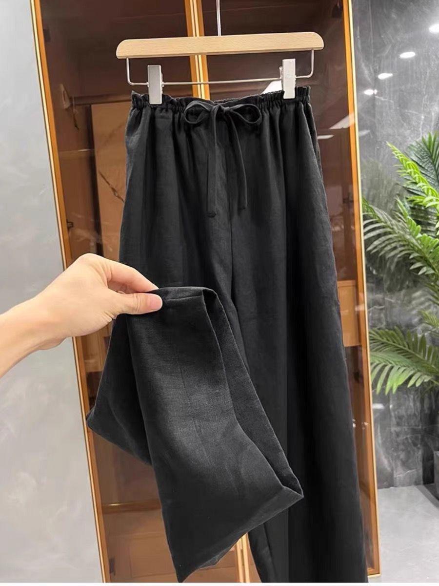 Cowhide Item: Fashionable Women s Natural Linen White Trousers, Drawstring Elastic Waist, Loose Wide-Leg Pants L чёрный