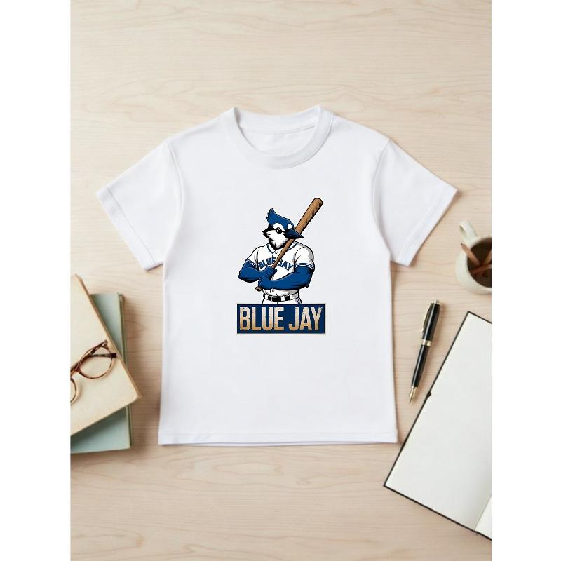 European Sizes [Baseball Cartoon T-Shirt] Blue Jay Baseball Cartoon Print T-Shirt - Boys And Girls Sports Casual Short-Sleeved Top