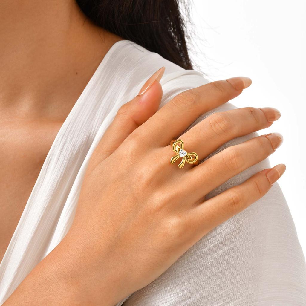 Stainless Steel Zircon Bow Flower Butterfly Ring for Women,18K Gold Plated Bowknot Opening Rings,Fashion Jewelry Gifts