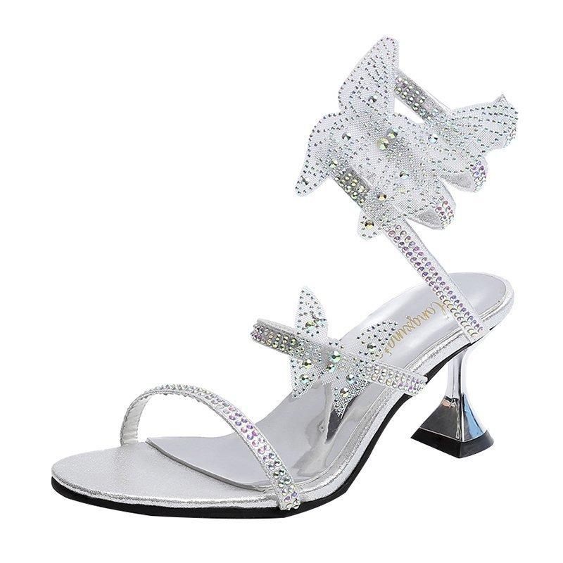 Rhinestone serpentine winding sandals female 2025 summer new high heels butterfly flower stiletto fairy style fashion sandals