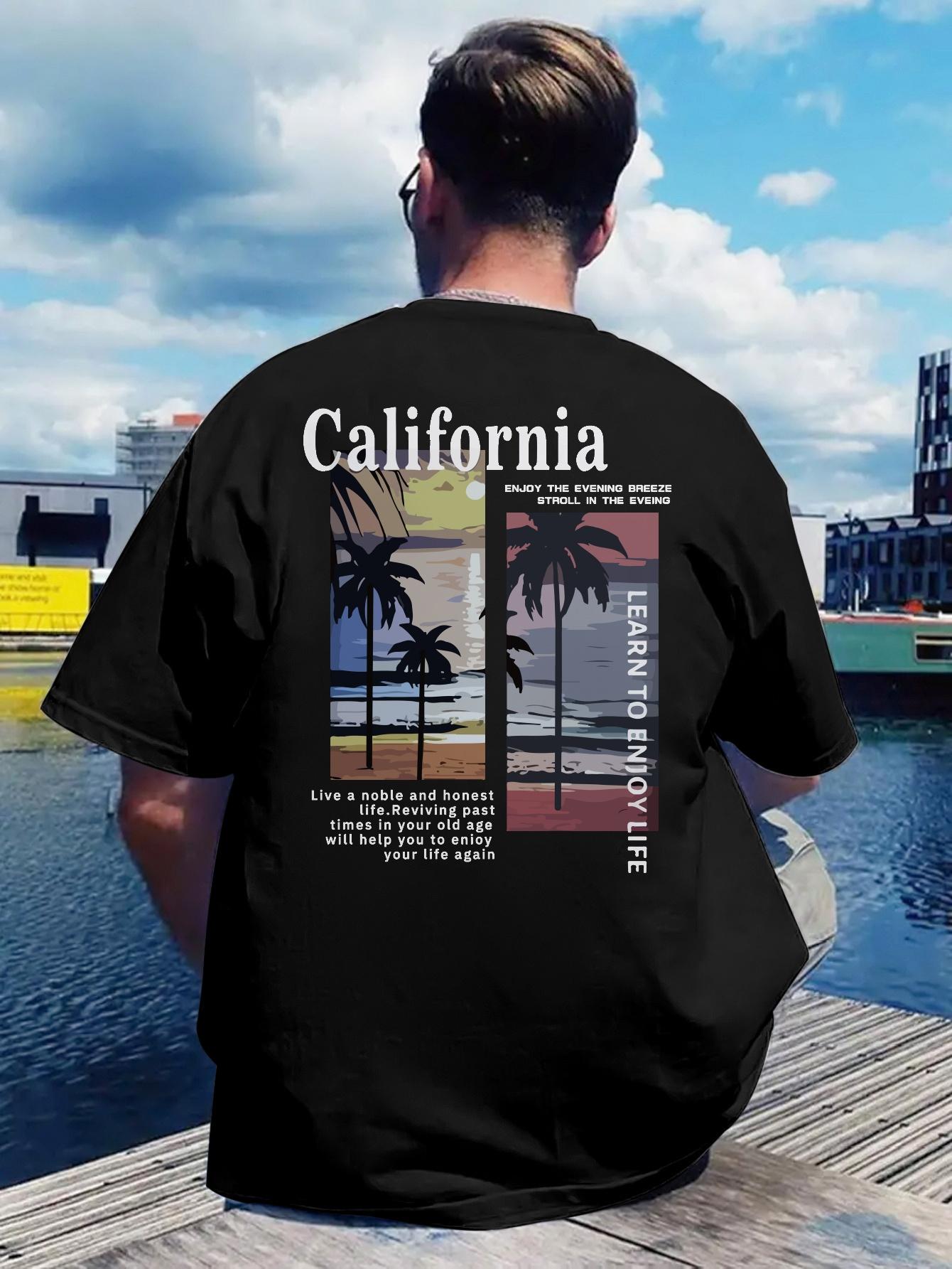 Tropical Beach Graphic T-shirt - White Tee with Back Print Palm Trees XXXL