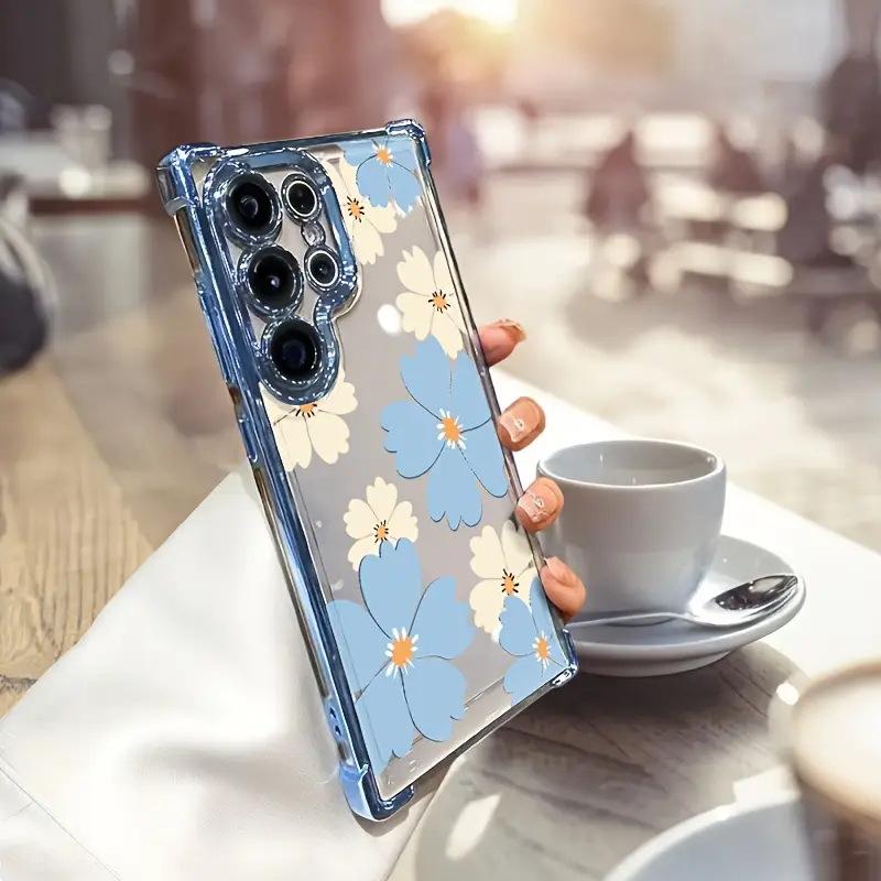 Korean Light Blue Flower Transparent Mobile Phone Case Apple 15/16promax Electroplated Frame Airbag Anti-drop Protective Case