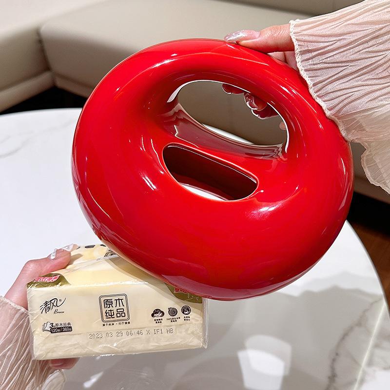 

Modern Ceramic Tissue Box Holder Red Oval Napkin Storage Case Decorative Elegant High-End Living Room Table Ornament
