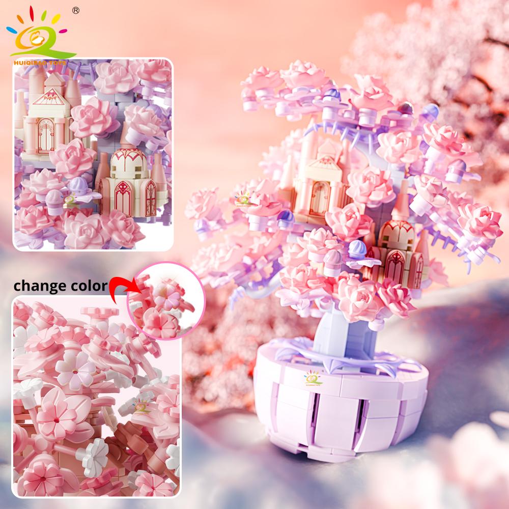 Non-Toxic Diy Discoloration Cherry Blossom Moc Flower Pink Tree House Building Blocks Classic Model Bricks Sets Kid Romantic Gift