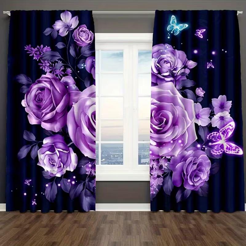 2 Pcs Purple Rose Butterfly Print Curtains,suitable for Bedroom,living Room Kitchen Decoration,home Decoration,window Decoration