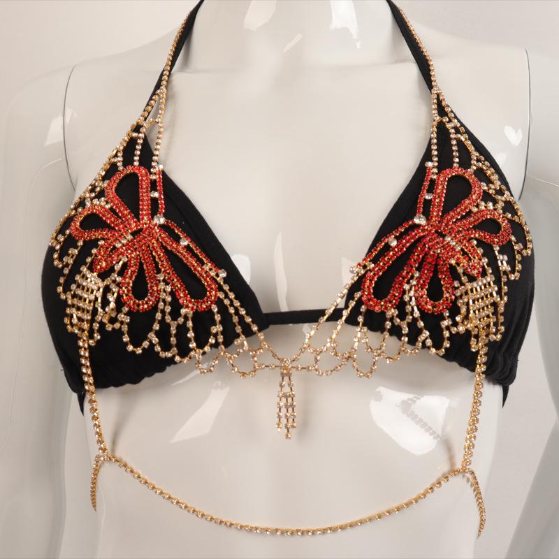 Red Butterfly Rhinestone Body Chain Bikini Bra for Nightclub and Beach