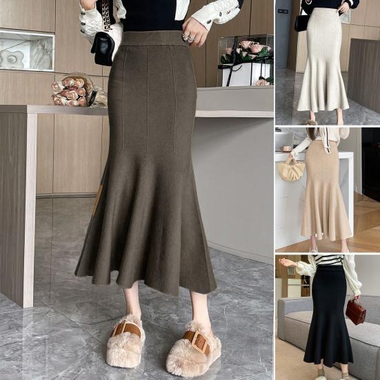 Fishtail Skirt Elastic High Waist Hip Wrapped Maxi Skirt Solid Color Office Lady Knitting Long Skirt Work Leisure Wear