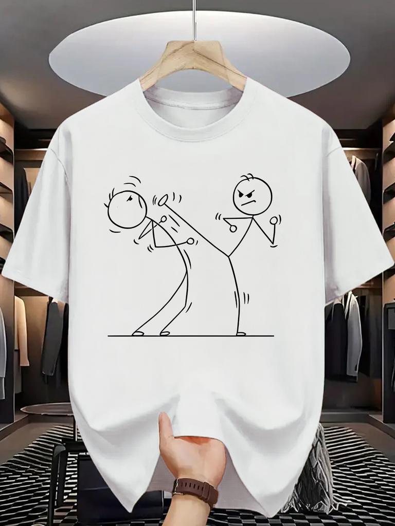 Unisex Crew Neck Tee Funny Fight Stick Figure Line Graphic Print Soft Cotton Loose Short Sleeve Summer Casual Male Streetwear Tops