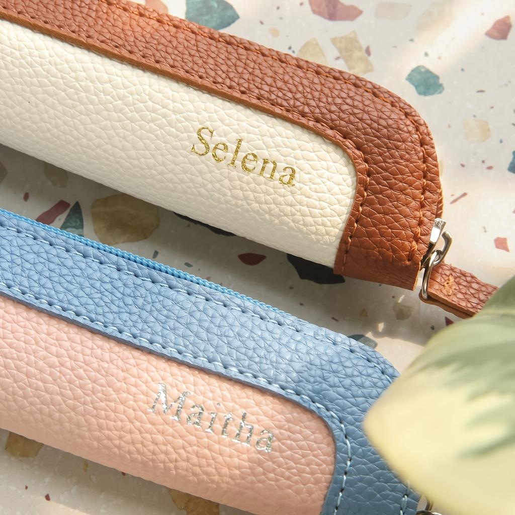 2pcs Personalized Vegan Leather Pen Case Customized Name Color Blocked Pencil Case with Zipper Label Hot Stamping And Pencil Storage Office Stationery