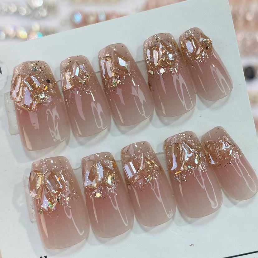 

Элегантные квадратные ногти Champagne Night Diamond — длинные/средние/короткие, отбеливающий стиль Glue Version