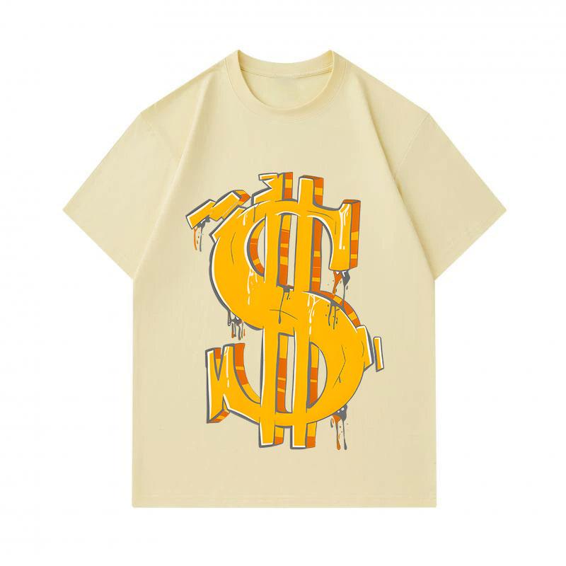 Men's 100% Cotton Crew Neck Short Sleeve T-Shirt, Cool Graffiti Style 3D Dollar Sign Print Casual Loose Fit Tee, Comfortable Streetwear Daily Wear Top