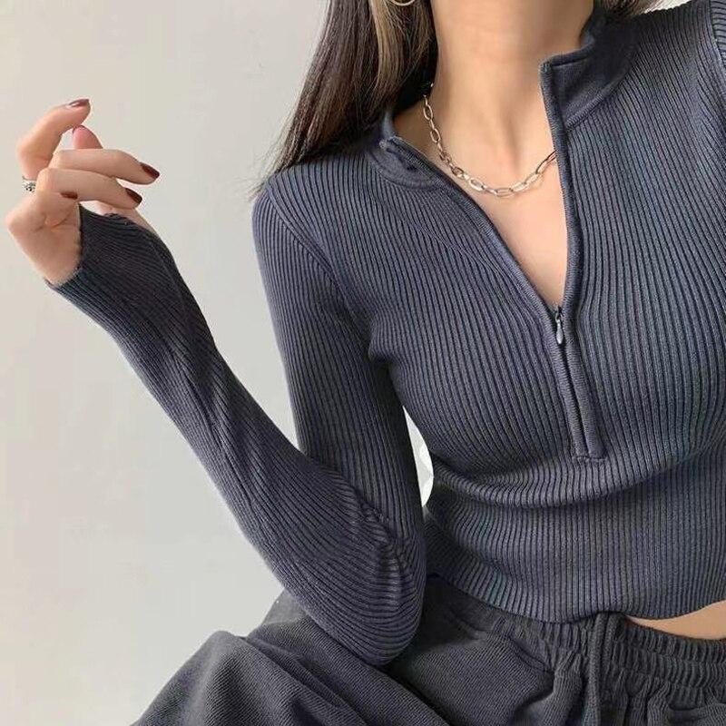 

Вязаный свитер с высоким воротом на молнии, модные элегантные однотонные сексуальные короткие свитера, женский трикотаж, зимние укороченные пуловеры, топы 28448 One Size серый