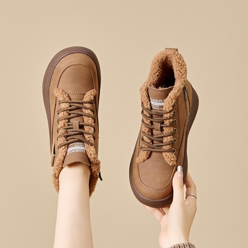 Lamb wool snow boots women's 2 autumn and winter non-slip warm Martin boots fleece thickened retro thick-soled large-size cotton boots