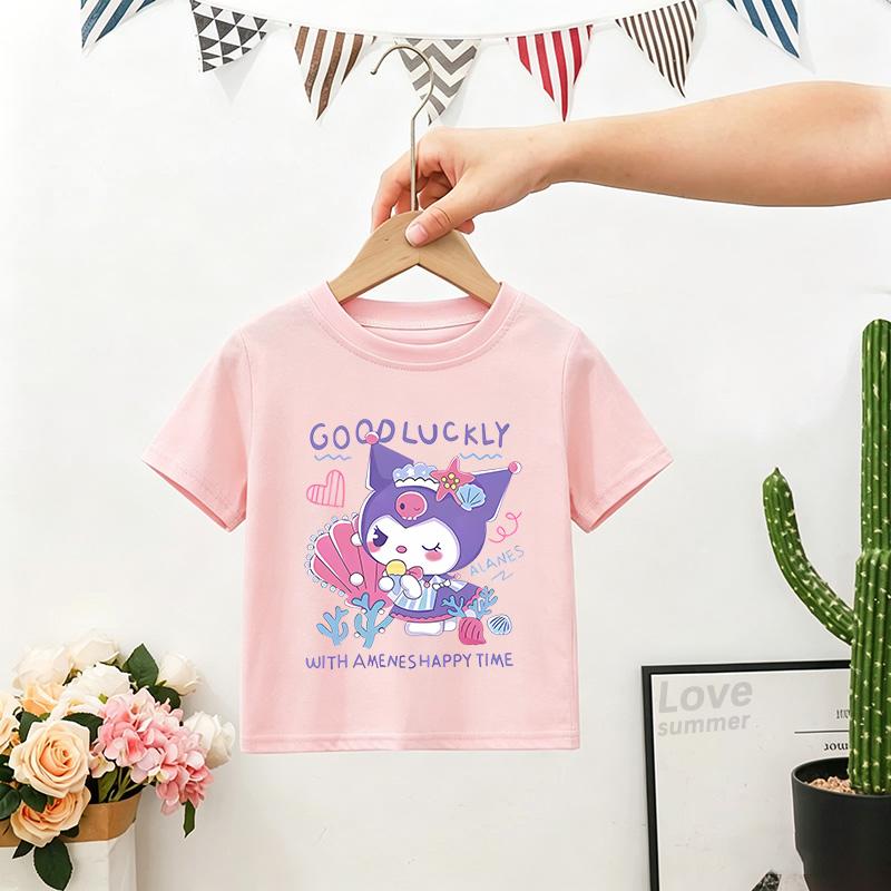 Kuromi Print Summer girls T-shirt My Melody Cute Trend Kawaii Sanrios Girl High Quality Trend Fashion Kid Tops Gift