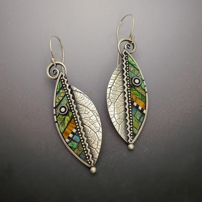 Bohemian Colore Tono Verde Metallico Foglia Pendente Sposa Orecchini da Sposa Donna Retro Tribale Astratto Pietra Colorata Pendenti Vintage Pendenti