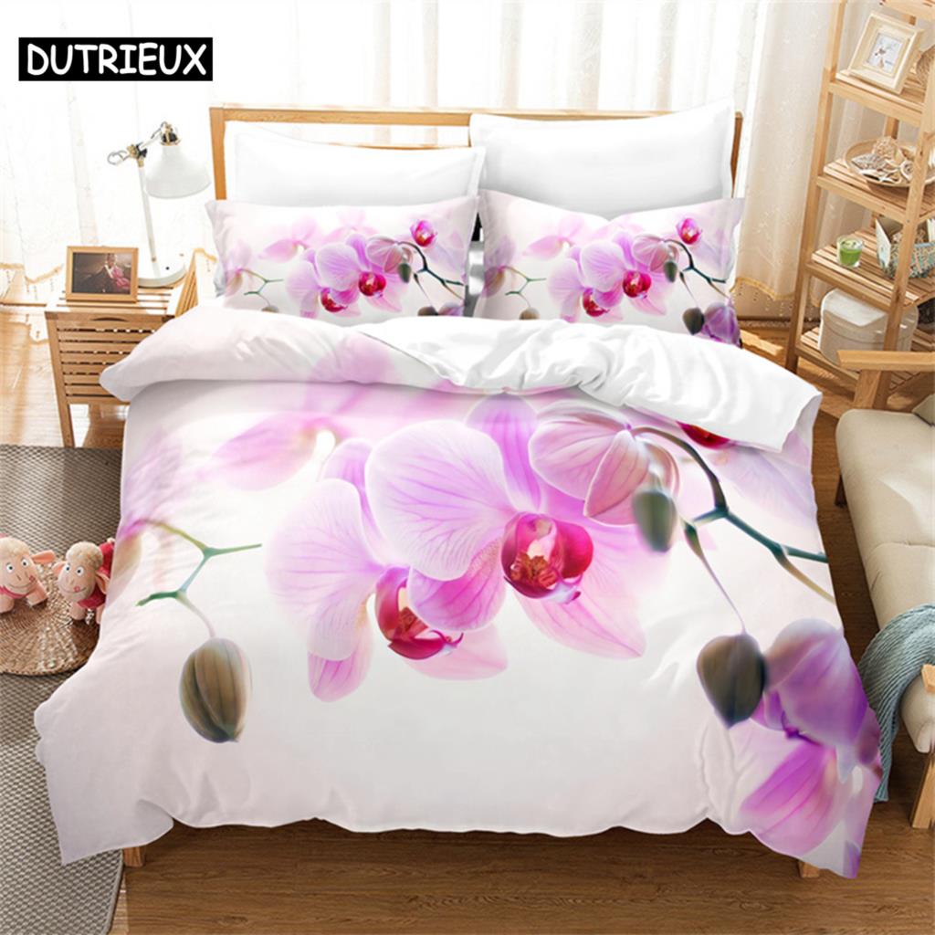 Pink Phalaenopsis Queen Bedding Set Girls Duvet Cover Bedroom Bed Set Comforter Cover Set King Size Duvet Cover Set Bedding Sets