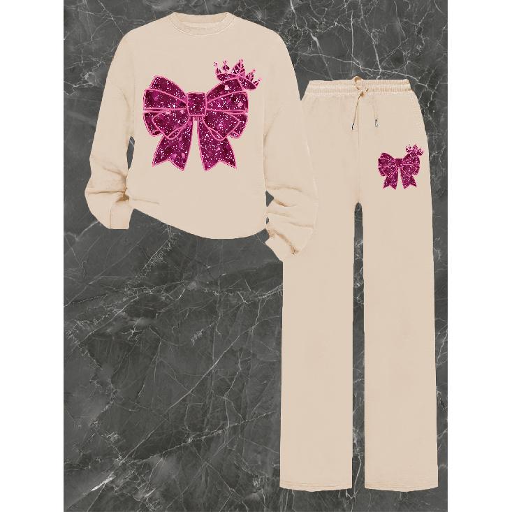 Women's Two-Piece Set with Crewneck Sweatshirt and Drawstring Straight-Leg Pants, Printed Design Fall Winter Sweatshirt Set