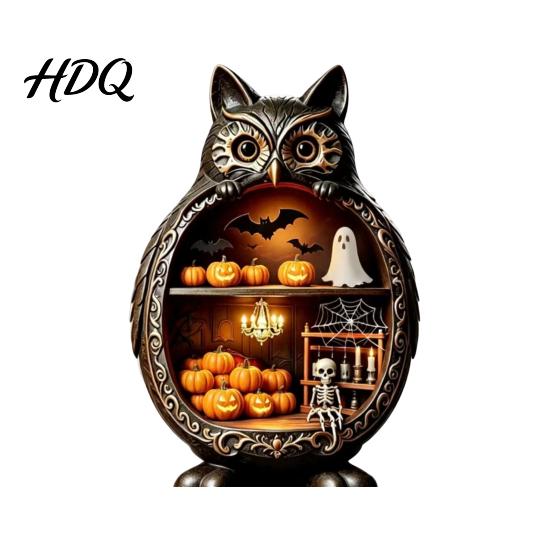 Cozy Halloween Scene Decor Wooden Owl Tabletop Centerpiece 2D Flat Pumpkin Ghost