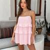 Summer Sexy Pink Cotton Lotus Leaf Edge Loose Suspender Square Neck Bow Lace Up Dress Short Dress Women