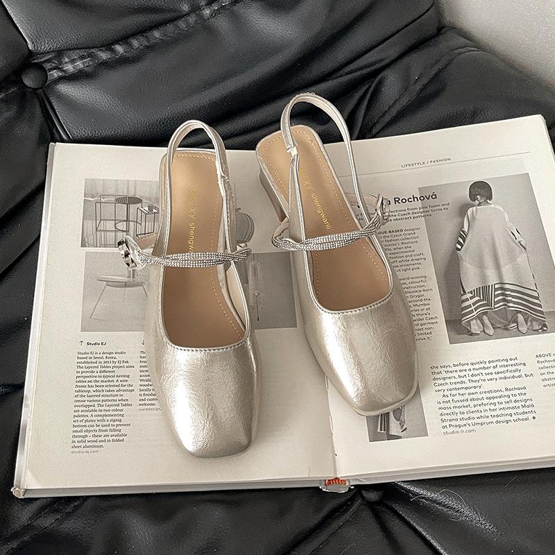 French Minimalist Temperament Square Head Thick Heel Mary Jane Shoes Women's 2025 New Summer Rhinestone Single Shoes Bag Head Sandals