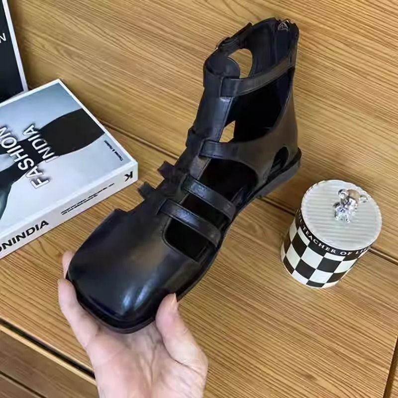 Summer High-quality Women's Shoes, Fashionable Solid Color Low-heeled Square Toe One-line Buckle Zipper Women's Toe-cap Sandals