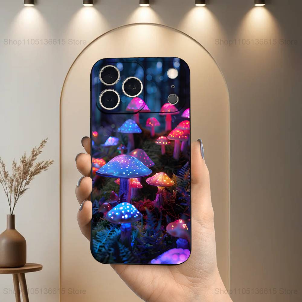 Trippy Plant Mushroom Case For iPhone 12,14,15,16,17,13,11,X,Mini,Plus,Pro Max,8,7,XR,SE,XS,Soft Silicone Black