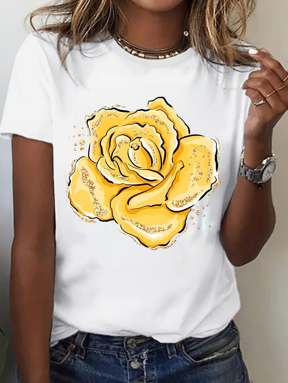 Pink Rose With Gold Glitter Print Women T Shirt Casual Short Sleeve Crew Neck Elegant Floral Graphic Tees S